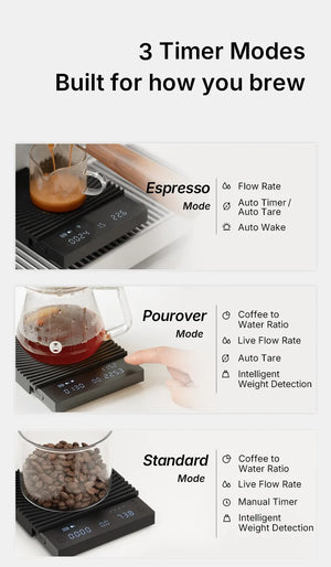 Balanza para café negra con varios modos de temporizador y precisión para espresso y preparación, accesorios para barista, todo sobre café.