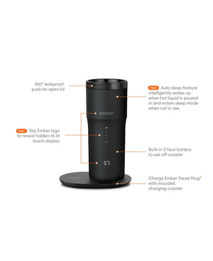 Taza de viaje eléctrica para café negra V2 - 355ml con pantalla táctil y base de carga en negro, diseño elegante.
