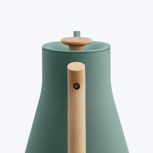 Hervidor de agua verde con mango y tapa de madera, diseñado para control de temperatura exacto, parte de Fellow, EspressoGear, todo sobre café