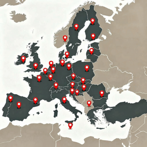Mapa de Europa con marcadores rojos que muestran lugares seleccionados en varios países europeos.